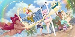 2boys 5girls animal_ears antennae asymmetrical_hair beach beach_ball beach_towel bee_girl big_breasts bikini bikini_bottom bikini_top blonde_female blonde_hair dark-skinned_female dark_skin dazol dog_ears dog_girl dog_tail ear_ring feathered_wings fox_ears fox_girl fox_humanoid fox_tail foxgirl glass glasses gloves goat_ears hiding hooves horns horns_and_hooves huge_breasts humanoid insect_girl insect_wings kaori_kurotori kemonomimi large_breasts levina_capra light-skinned_female light_skin lipstick looking_at_viewer makeup miela_honeywood original_character pointy_ears sand sea seaside short_stack shorts shortstack sitting steam steaming_body tagme toned toned_female underboob veronika_shaffer volleyball volleyball_(ball) volleyball_net white_hair winged_arms winged_humanoid wings