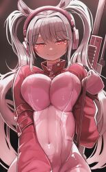 alice_(nikke) belly_button big_breasts blush breast_squeeze breast_squish genek goddess_of_victory:_nikke jacket long_hair long_sleeves looking_at_viewer looking_down petite petite_body petite_female pink_eyes slim_waist smiling_at_viewer tight_clothing white_hair