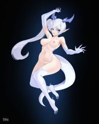 1girls absurdres blue_eyes breasts claws dragon_girl dragon_horns dragon_tail female gatlas highres horns long_hair monster_girl nipples nude open_mouth rwby side_ponytail smile solo tail weiss_schnee white_hair year_of_the_dragon