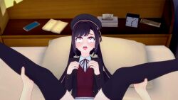 3d ahe_gao beauty_mark bed bedroom beret black_beret black_hair black_hat hands_up hat heart-shaped_pupils implied_sex koikatsu missionary_position nambona890 open_mouth perma_banned school_uniform seifuku spread_legs thighhighs tongue tongue_out