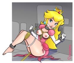 1girls blonde_hair blue_eyes bondage breasts chains cleave_gag cuffs dress_pull dungeon enslaved_royal exposed_breasts female female_only full_body hackman long_hair mario_(series) nipples princess_peach restrained royalty shackles sitting solo thighs