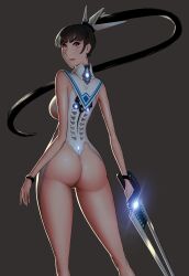 1girls ass ass_cleavage ass_focus back bangs breasts dark_hair eve_(stellar_blade) female female_focus female_only holding holding_sword holding_weapon large_ass large_breasts legs light-skinned_female light_skin long_hair looking_at_viewer looking_back_at_viewer medium_breasts pale-skinned_female pale_skin ponytail ridaoz simple_background solo stellar_blade thick thick_ass thick_thighs thighs very_long_hair weapon