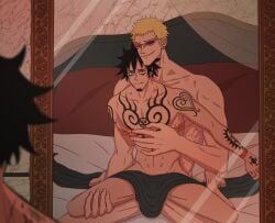 2boys abs arm_tattoo bed_sheet black_hair black_hair_bottom blonde_hair blonde_hair_on_black_hair blonde_hair_top bondage bound chest_tattoo domination donquixote_doflamingo donquixote_pirates_jolly_roger earrings facial_hair gay goatee hand_tattoo height_difference implied_sex indoors jewelry jlhdraws light_hair_on_dark_hair looking_at_mirror male male/male male_focus male_only mirror multiple_boys muscular muscular_male navel nude one_piece pillow restrained reverse_cowgirl_position sex_from_behind short_hair shoulder_tattoo sitting sitting_on_person size_difference smile spread_legs straddling sunglasses tattoo thread trafalgar_law yaoi