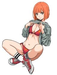 bikini crossed_legs flashing_breasts hoodie large_breasts large_thighs logo lotus_position mcdonald's mom_(japanese_mcdonald's_commercial) red_bikini shiren shoes simple_background socks thick_thighs white_background yoru_mac