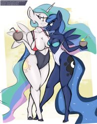 alicorn alicorn anthro bedroom_eyes beverage big_breasts breast_size_difference breast_squish breasts breasts_frottage cleavage clothed clothing equid female friendship_is_magic horn longtailshort mammal my_little_pony narrowed_eyes princess_celestia_(mlp) princess_luna_(mlp) seductive sibling sister sisters squish wings