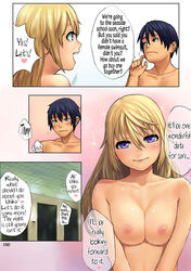 1boy 1girls blonde_hair blush breasts charlotte_dunois female full_colour human infinite_stratos lasterk long_hair male medium_breasts nakadashi nipples nude onsen oppai purple_eyes smile speech_bubble translated