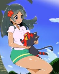 1girls bea_(adfhbcf4326) black_hair dark-skinned_female flower_in_hair hair_ornament head_between_breasts holding_breast lass_(pokemon) lass_(pokemon_sm) litten long_hair miniskirt nipples_visible_through_clothing npc_trainer open_mouth pokemon pokemon_sm short_sleeves skirt thighs white_shirt