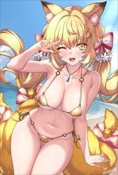 animal_ear_fluff bell blonde_hair blush cameltoe cleft_of_venus english_text fox_ears fox_girl fox_tail gold_bikini gold_fur hair_ribbon large_breasts merufena micro_bikini necklace one_eye_closed skeb_commission smile thick_thighs twintails very_long_hair wide_hips yellow_eyes