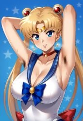 ai_generated armpit armpits bishoujo_senshi_sailor_moon blonde_hair blue_eyes choker cleavage clothing earrings hairy_armpits large_breasts ribbon sailor_moon sailor_uniform shiroppo tiara twintails usagi_tsukino