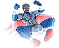 10s 1boy 2018 ass blush blush_lines bodysuit bulge erect_penis erection gatchaman gay ken_the_eagle male male_only muscular muscular_male simple_background solo spread_legs superhero tagme taku_hiraku tears white_hair