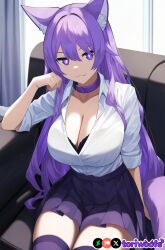 1girls :3 ai_generated bra breasts cleavage collar couch curvy cute cute_fang dog_ears dog_girl doggirl female female_only happy highres hips huge_breasts indoors kemonomimi light_skin light_skinned_female lingerie long_hair looking_up office patreon_username petgirl purple_ears purple_eyes purple_hair purple_tail school_uniform shirt sitting skirt smile thick_thighs thighs tori toriwoofs uniform watermark wide_hips window wolf_ears