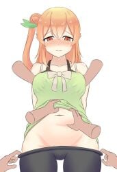 1girls belly_button belly_grab blush bow breast_grab breasts bun clothed disembodied_hand disembodied_hands empty_eyes fondling fondling_breast grope groping groping_breasts haruduki hinatsuki_mikan legwear legwear_pull lifted_by_another machikado_mazoku multiple_others navel orange_eyes orange_hair ponytail pulled_by_another ribbon shirt shirt_lift shirt_up side_bun side_ponytail simple_background