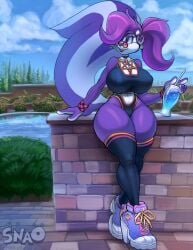 1girls anthro big_breasts blue_sky breasts bush bushes drink female female_focus female_only fifi_la_fume glasses legwear pool purple_eyes purple_fur purple_hair purple_shoes shoes skunk skunk_girl skunk_tail sky snao tagme thick_thighs thighs tiny_toon_adventures tree trees white_fur