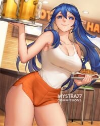 1girls alcohol alternate_costume armpit_crease artist_name bar_stool bare_thighs beer beer_mug blue_eyes blue_hair breasts chicken_wing collarbone commentary commission cup english_commentary female female_only fire_emblem fire_emblem_awakening holding holding_plate holding_tray hooters indoors long_hair looking_at_viewer lucina_(fire_emblem) medium_breasts mug mystra77 nintendo orange_shorts plate shirt_tucked_in short_shorts shorts solo stool tank_top thick_thighs thighs tray waitress white_tank_top