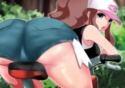 1girls 2d alternate_version_available ass ass_focus baseball_cap bent_over bicycle big_ass blue_shorts booty_shorts bottomwear brown_hair bubble_ass bubble_butt dat_ass female female_only game_freak hair hat headwear hilda_(pokemon) huge_ass koukatu_illust looking_back pokemon pokemon_bw ponytail short_shorts shorts solo solo_female steam steamy thighs