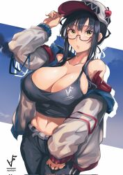 1girls bare_belly bare_stomach big_breasts breasts cleavage eyebrows_visible_through_hair eyelashes eyes_visible_through_hair female female_only glasses hat hourglass_figure huge_breast iparuputsua jacket large_breasts massive_breasts navel red_glasses woman