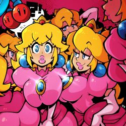 ! ? ass blonde_hair blue_eyes breasts cherry clone crown double_cherry dress earrings elbow_gloves female food fruit gloves highres jewelry large_breasts legendofnerd lips mario_(series) multiple_views pink_dress pink_gloves pink_lips princess_peach selfcest speech_bubble sphere_earrings super_mario_3d_world