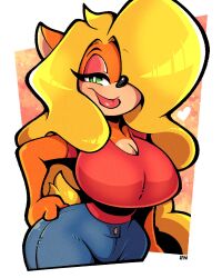 anthro blonde_hair crash_(series) curvy fox_ears fox_girl green_eyes huge_breasts large_breasts legendofnerd long_hair plump tawna_bandicoot thick_thighs thighs wide_hips