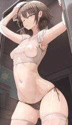 belly_button blue_eyes brown_hair genek inner_thighs looking_at_viewer looking_down one_eye_closed panties see-through see-through_clothing short_hair slim_waist small_breasts teenager thick_thighs thighhighs wet wet_body wet_clothes wet_skin