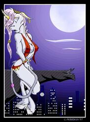 aldebran anthro breasts cityscape closed_eyes equine female hooves horn horns masturbation moon night perched pink_hair skimpy solo tail tail_sex unicorn white_fur