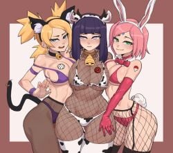 3girls animal_ears asymmetrical_docking bell big_breasts bikini black_hair blonde_hair blunt_bangs boruto:_naruto_next_generations bow bowtie breast_press breasts breasts_apart cat_ears cat_tail choker collar commentary cow_ears cow_horns cow_print cow_print_bikini cowbell cowboy_shot detached_collar elbow_gloves embarrassed english_commentary fake_animal_ears fake_tail female female_only fishnets gloves gluteal_fold green_eyes highres horns hyuuga_hinata hyyun hyyun_ho large_breasts looking_at_viewer multiple_girls naruto naruto_(series) navel neck_bell open_mouth panties panties_under_pantyhose pantyhose pink_hair print_bikini purple_eyes quad_tails rabbit_ears rabbit_tail sakura_haruno short_hair smile swimsuit tail teeth temari thighhighs tongue underwear