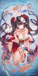 black_hair gloves hair_ornament honkai:_star_rail japanese_clothes koi_fish long_hair mask_on_head medium_breasts melailai no_bra pink_eyes sandals sparkle_(honkai:_star_rail) thick_thighs twintails