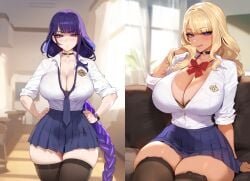 1girls ai_generated big_breasts bimbo bimbofication bimbofied blonde_hair bra braid choker floox genshin_impact gyaru gyarufication hands_on_hips hourglass_figure leopard_print leopard_print_bra light_skin lingerie long_hair purple_eyes purple_hair raiden_shogun school_uniform short_skirt skirt solo solo_female tan tan_body tie zettai_ryouiki