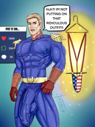 1boy 1male 2d 2d_(artwork) 2d_artwork american_flag_bikini bara bara_ass bara_tiddies bara_tits blonde_hair blue_eyes bulge_down_leg bulge_through_clothing erection_under_clothing homelander homelander_(cosplay) huge_cock hyper_penis light-skinned_male light_skin long_penis male male_focus male_only muscles muscular muscular_male skimpy_bikini social_media solo solo_focus solo_male text the_boys veiny_penis yoruunsfw