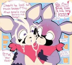 anthro biped black_body blush bodily_fluids cum cum_on_face dialogue duo english_text fingers fur genital_fluids heart_symbol hi_res indigo_park male mammal procyonid pupils purple_body purple_eyes purple_fur question_mark raccoon rambley_raccoon speech_bubble sushiamazing sweat text tongue