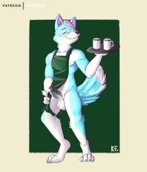 absurd_res anthro balls beverage bodily_fluids canid canine canis coffee cum cum_drop domestic_dog erection genital_fluids genitals hi_res husky katxfish male mammal milk nordic_sled_dog nude penis presenting solo spitz waiter