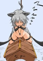 animal_ear bondage doghouse footwear frogtie grey_hair jewelry mouse_ears mouse_tail muronomoto_(shugyou_chuu) nazrin nude pendant pussy_juice saliva sleeping socks solo tail touhou wooden_horse