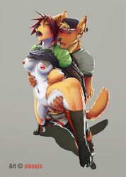 anthro breasts canid canine clothed clothing cum cum_in_pussy cum_inside female from_behind fur furry hat jackal lifting_leg male nipples penetration penis piercing pomeranian pussy sex shirt_lift standing stoopix straight tail trinian vaginal_penetration