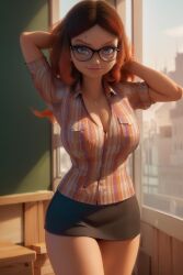 1girls ai_generated alya_cesaire beauty_mark big_breasts brown_hair checkered_shirt classroom cleavage clothed clothed_female devil's_man devil's_man_(artist) female female_only glasses hands_behind_head hourglass_figure large_breasts looking_at_viewer miraculous:_tales_of_ladybug_and_cat_noir miraculous_ladybug mole_above_eye necklace pixai seductive_smile shirt short_skirt skirt slim_waist solo sunlight sunlight_rays