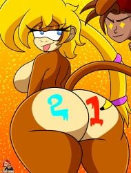 1boy 1girls anthro ass breasts female inviting lewdtoons monkey monkey_girl nude paint_on_ass primate tongue_out