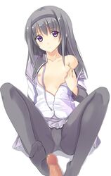 akemi_homura black_hair censored censored_penis feet flat_chest footjob hairband konimaru long_hair mahou_shoujo_madoka_magica mosaic_censoring nipples no_bra no_shoes open_clothes open_shirt panties panties_under_pantyhose pantyhose penis purple_eyes shirt skirt solo underwear