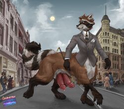 2_penises bottomless_taur brown_body brown_fur casual_exposure city city_background detailed_background diphallia diphallism embarrassed english_text feet foreskin fur genitals hi_res horizontal_diphallism larru-larru male_only mammal mammal_taur multi_genitalia multi_penis penis prehensile_feet procyonid procyonid_taur raccoon raccoon_taur solo solo_male suit_and_tie taur text toes uncircumcised unretracted_foreskin