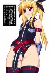 belt blonde_hair blush fate_testarossa highres leotard leotard_aside long_hair lyrical_nanoha mahou_shoujo_lyrical_nanoha mahou_shoujo_lyrical_nanoha_strikers pussy red_eyes ribbon shichimenchou text thighhighs tied_hair translation_request twintails uncensored