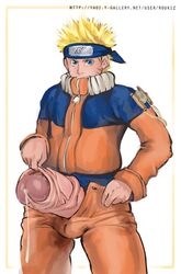 blonde_hair clothes color human macro male male_only naruto penis roukiz smegma smiling solo uzumaki_naruto