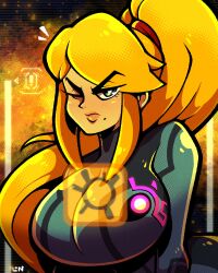 1girls blonde_hair blue_eyes breasts cleavage curvy legendofnerd looking_at_viewer metroid one_eye_covered one_eye_obstructed plump samus_aran solo