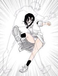 2024 braid braided_hair chainsaw_man dress kicking_balls motion_lines nayuta_(chainsaw_man) nkmrn2k pantyshot skirt sneakers thick_thighs thighs