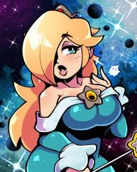 bare_shoulders blonde_hair blue_background blue_eyes breasts brooch collarbone cowboy_shot crown dress eyelashes female hair_over_one_eye half-closed_eyes hand_on_own_shoulder head_tilt highres holding holding_wand jewelry large_breasts legendofnerd lips long_hair long_sleeves looking_to_the_side luma mario_(series) multicolored_background notice_lines parted_lips pink_lips planet princess_rosalina purple_background solo space star_(symbol) star_brooch star_wand super_mario_galaxy wand