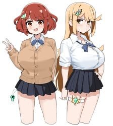 alternate_costume breasts fried_bocky highres huge_breasts large_breasts long_hair miniskirt mythra pyra red_eyes school_uniform skirt very_long_hair xenoblade_(series) xenoblade_chronicles_2 yellow_eyes