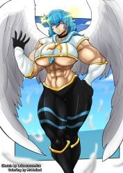 1girls aballon_(mrmelted) abs angel angel_wings biceps big_breasts blue_hair breasts busty clothing colored_sketch feathers female female_only halo hand_on_hip huge_breasts large_breasts looking_at_viewer luisocscomics mrmelted muscular muscular_female original smile smug solo thick_thighs thunder_thighs underboob wide_hips wings