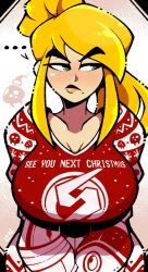 1girls big_breasts blonde_hair blue_eyes breasts christmas english_text large_breasts legendofnerd looking_at_viewer metroid metroid_(creature) nintendo samus_aran sweater