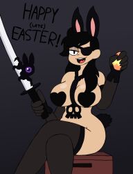 1girls black_hair bunny_ears bunny_tail easter easter_egg eye_patch female female_only heart_pasties katana large_breasts legs_crossed long_hair original_character shadowjanetnsfw sitting stockings stomach_tattoo tie vira_the_assassin