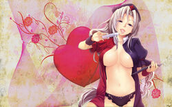 beige_skin blue_eyes braid breasts buriki cleavage clothes color cuffs eirin_yagokoro female female_only front_view grey_hair hair hat heart holding licking long_hair looking_at_viewer navel open_clothes open_eyes open_shirt panties saliva solo syringe tongue touhou underwear