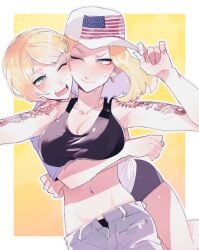 2girls adam_dudley american_flag baseball_cap big_breasts blonde_hair blue_eyes canon_genderswap cleavage female female_only freckles genderswap_(mtf) green_eyes hat hug hugging_from_behind imai_cosmo kengan_(series) kengan_ashura medium_hair one_eye_closed rule_63 short_hair shoulder_tattoo smile sports_bra tank_top tattoo tattooed_arm tattoos teitaku yellow_background yuri