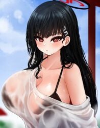 1girl 1girls bikini black_hair blue_archive breasts female halo hi_res huge_breasts light-skinned_female light_skin long_hair looking_at_viewer millennium_science_school_student red_eyes rio_(blue_archive) seminar_(blue_archive) the_only_shoe wet wet_body