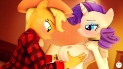 anthro applejack_(mlp) big_breasts blush breasts clothed clothing clothing_lift duo earth_pony equine female friendship_is_magic hand_on_breast hasbro hentype horn horse mammal my_little_pony nipples pony rarity_(mlp) shirt shirt_lift unicorn