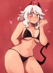 absurdres arm_behind_back black_bra black_panties blush bra dashi_art demon demon_girl demon_horns demon_tail female heart heart-shaped_pupils helltaker highres horns looking_at_viewer modeus_(helltaker) navel panties red_background red_eyes symbol-shaped_pupils tail underwear